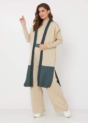 Conjunto de tricot ralm  calça pantalona e colete longo - bege