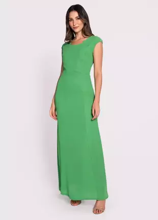 Vestido social longo liso manga curta verde -06140
