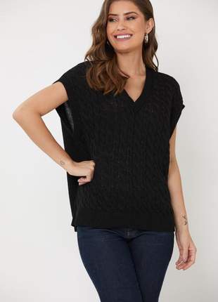 Colete tricot feminino ralm de tranças - preto