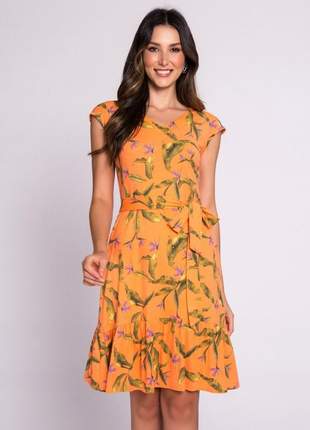 Vestido soltinho com manguinha estampado laranja - 11605
