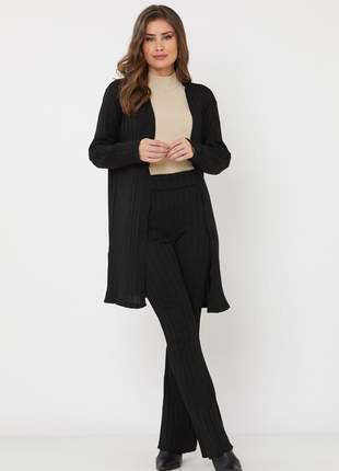 Conjunto de tricot ralm casaco alongado e calça flare - preto