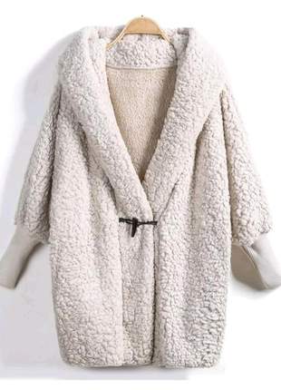Casaco lã forrado bege capuz mangas compridas inverno