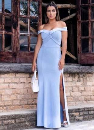 Vestido longo azul serenity modelo ombro a ombro para festas casamentos e formaturas