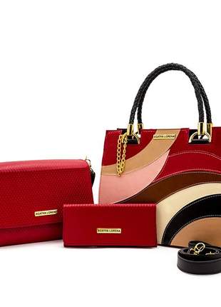 Kit bolsa feminino castelo vermelho detalhes colorida +bolsa bau + carteira