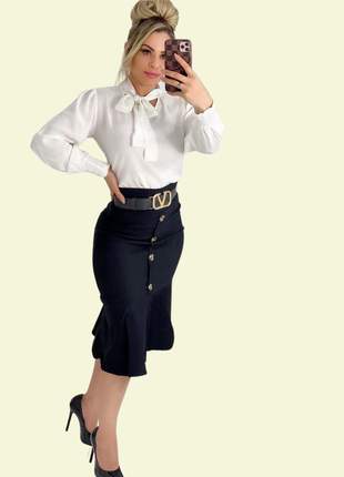 Conjunto blusa branca e saia preta camisa manga longa feminina evangélica