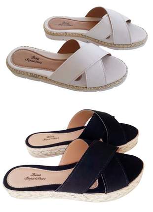 Kit 2 pares sandália rasteira tamanco feminina cruzada flatform preta branca promoção