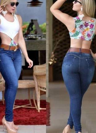 Calça jeans com lycra feminina cintura alta levanta bumbum