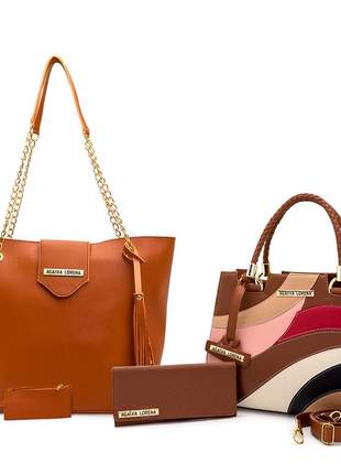 Kit bolsa feminina sacola alça corrente +bolsa castelo detalhes colorido e carteira