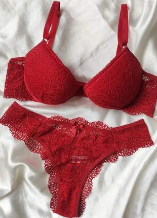 Conjunto lingerie de renda com bojo vermelha rosa branco
