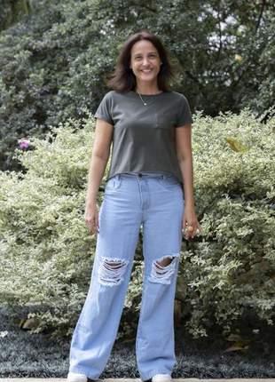 Calça flávia wide leg jeans feminina cintura alta conforto casual dali jeans