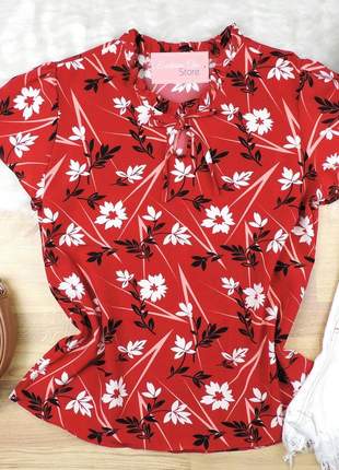 Blusa floral detalhe laço vermelha bs1555