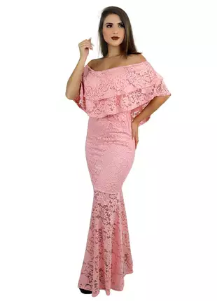Vestido longo de festa, ciganinha em renda ref:940 (rosa)