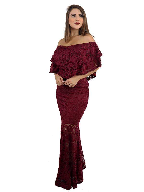 Vestido longo de festa, ciganinha em renda (marsala) - R$ 133.51, cor Vermelho (sereia, com #166577, compre agora | Shafa