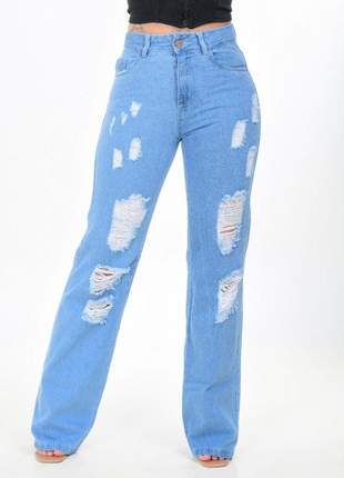 Calça wide leg jeans feminina clara