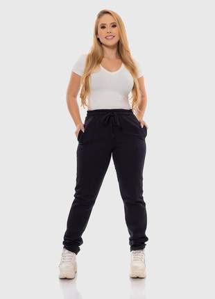 Calça moletom feminina preta jogger cós alto bolso lateral