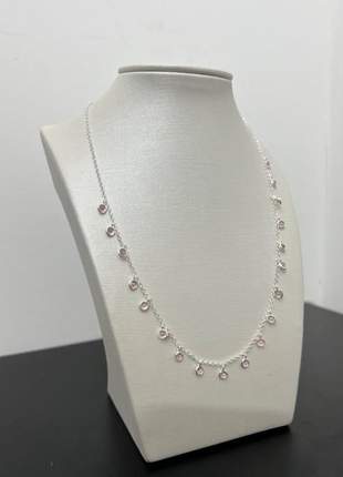 Cordão feminino prata italiana com pedras rosa