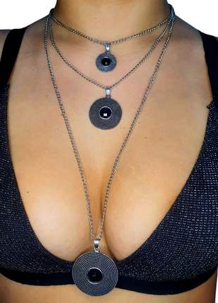 Maxi colar trio espiral pedras preta longo bijouteria casual