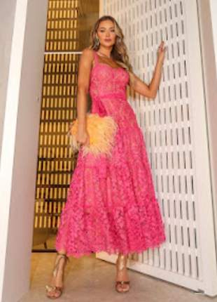 Vestido longo festa balada renda transparente formatura 1690-limonada pink
