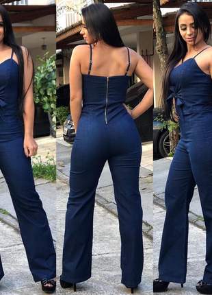 Macacão longo jeans feminino alcinha
