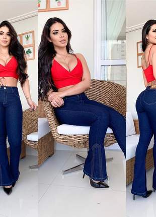 Calça jeans feminina flare cintura alta escura